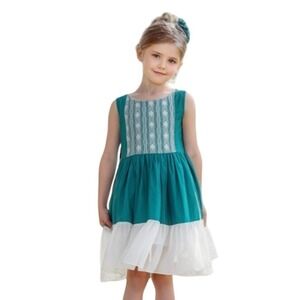 Boutique Think Pink Bows Girls Teal White Lace Tiered Party Dress Size 2 NEW‎